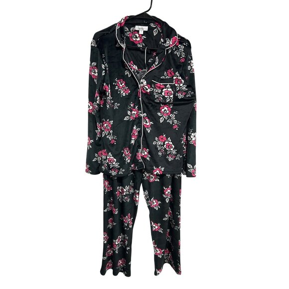 Nicole Miller New York Floral Pajama Set Long Sleeve Top Pants Black Pink Sz M - Picture 1 of 13